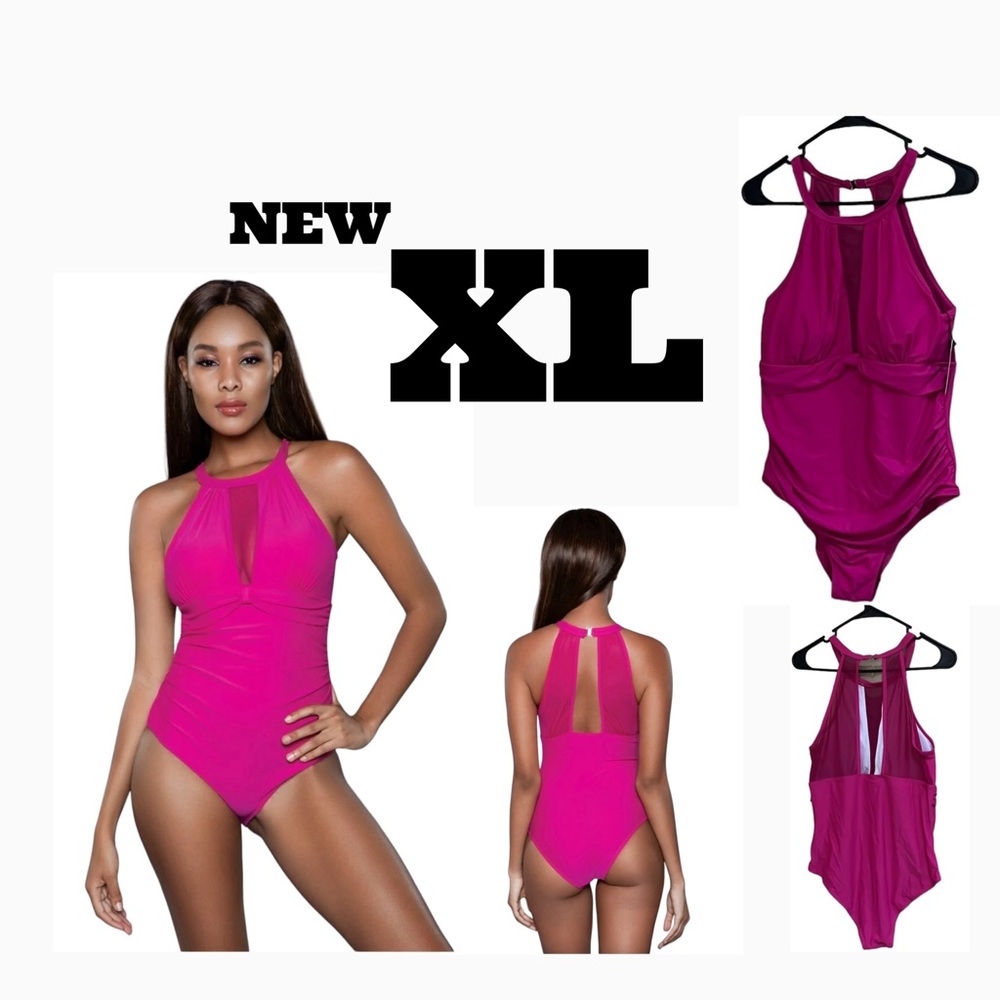 High-Neck Fuchsia One-Piece Swimsuit - Women's